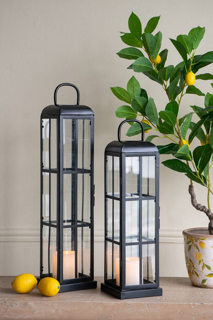 Set of 2 Decorative Iron Lanterns with Clear Glass Panels