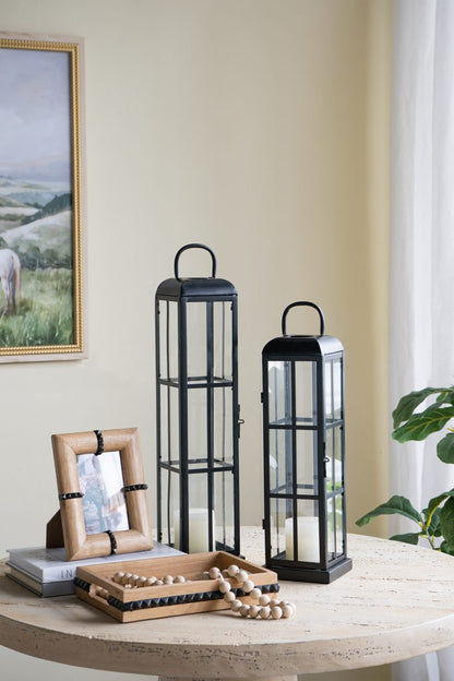 Set of 2 Decorative Iron Lanterns with Clear Glass Panels