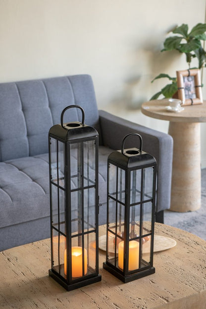 Set of 2 Decorative Iron Lanterns with Clear Glass Panels
