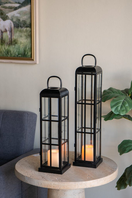 Set of 2 Decorative Iron Lanterns with Clear Glass Panels