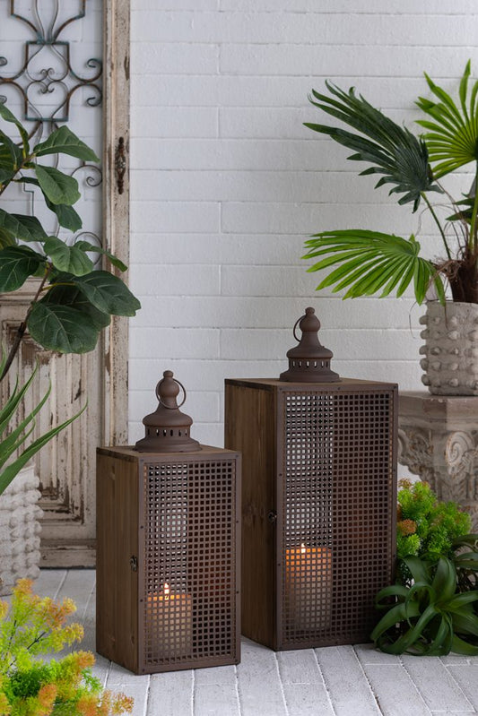 Set of 2 Brown Iron Lanterns with Mesh Panel Design and Fin
