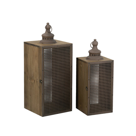 Set of 2 Brown Iron Lanterns with Mesh Panel Design and Fin