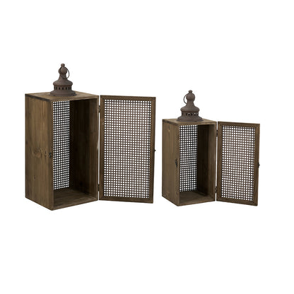 Set of 2 Brown Iron Lanterns with Mesh Panel Design and Fin