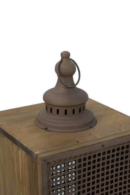 Set of 2 Brown Iron Lanterns with Mesh Panel Design and Fin