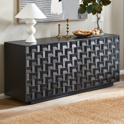 Step Wooden 4 Door Buffet Table, Black, Mango Wood