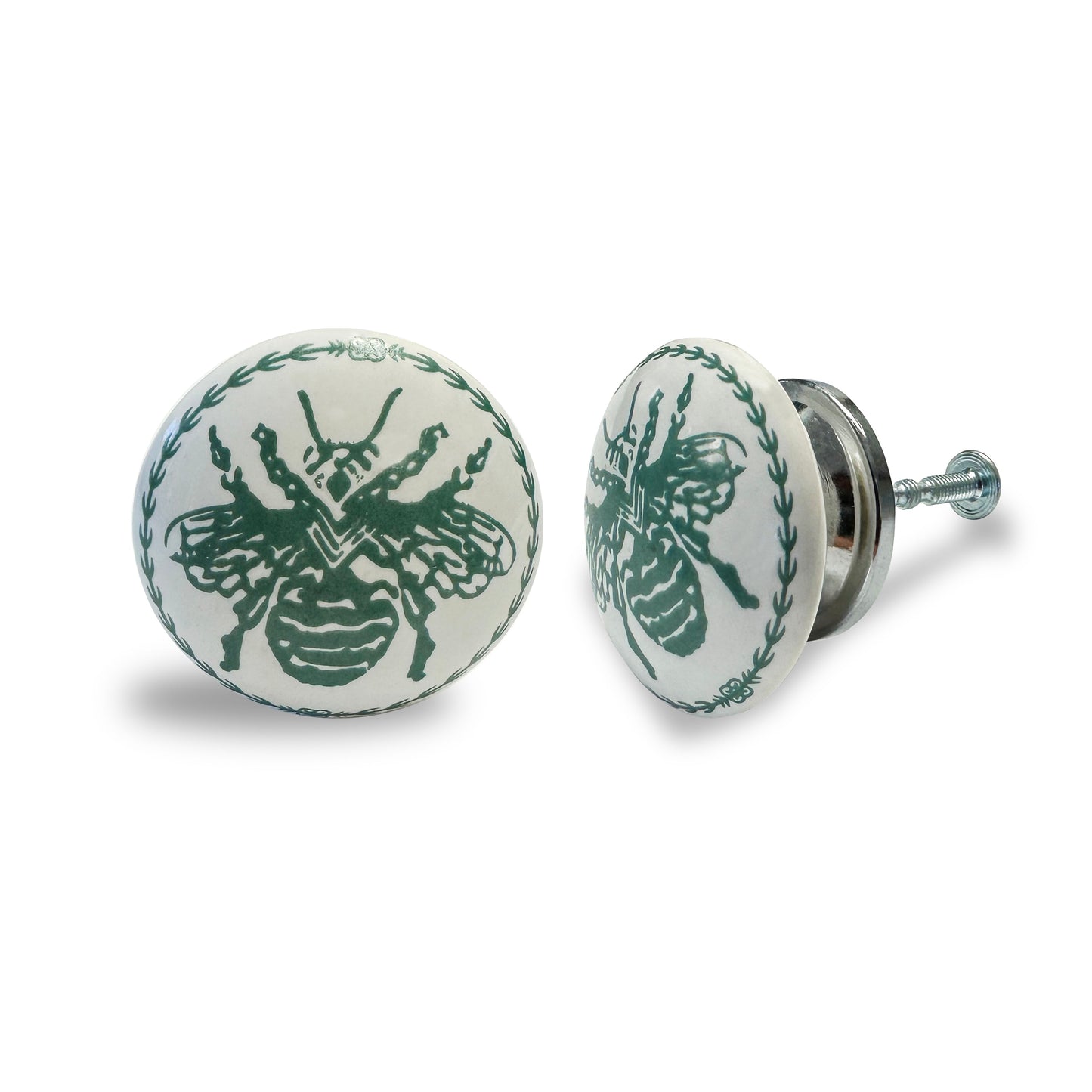 Ceramic Green Bee Knob, Green / White