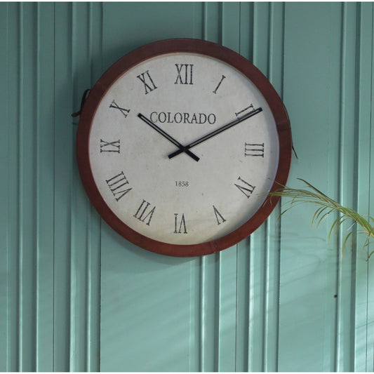 Classic Clock With Leather Strip, Red Rim