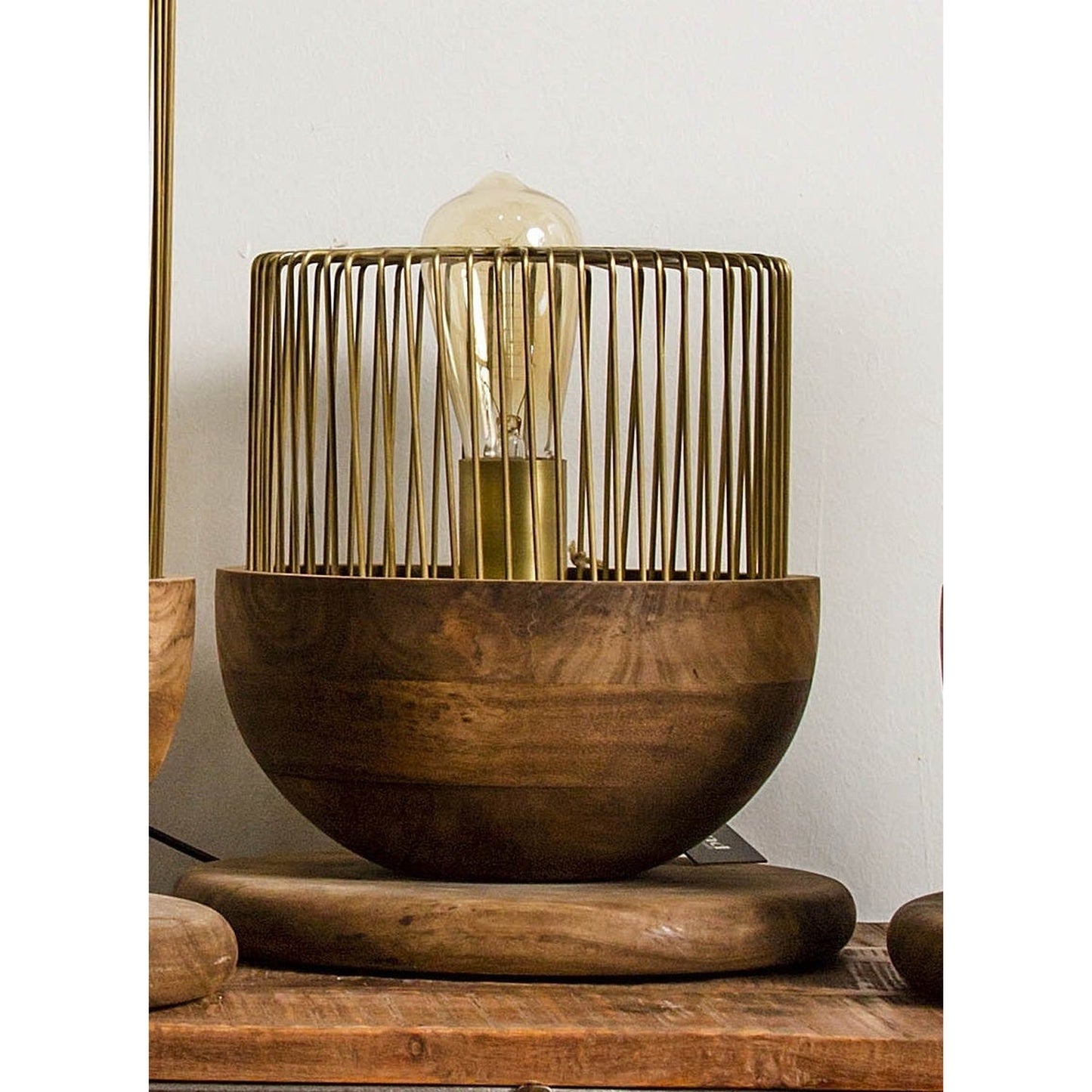 Caged Table Lamp With Wooden Base, Short