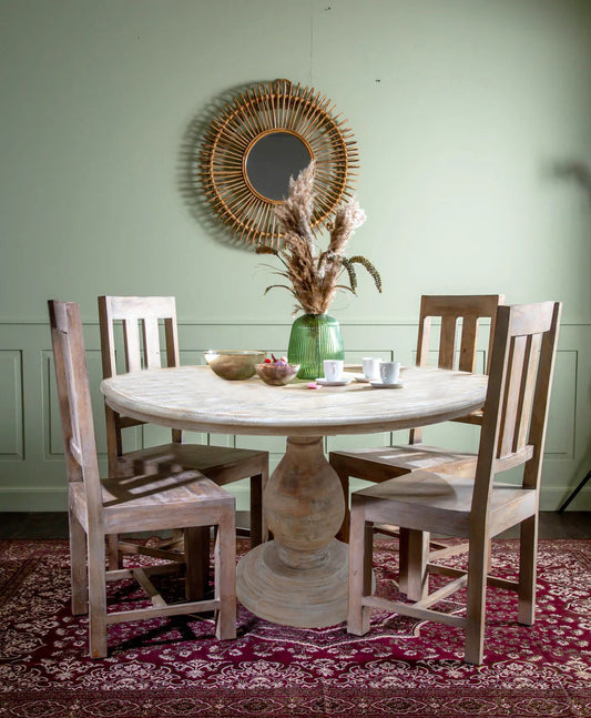 Wooden Pedestal Dining Table, Dia 48", White Washed