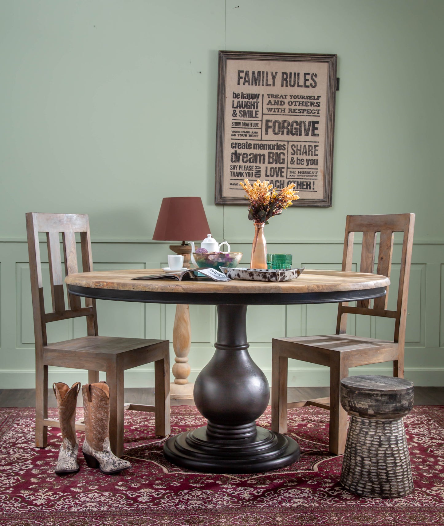 Wooden Pedestal Dining Table, Dia 48", Antique Black