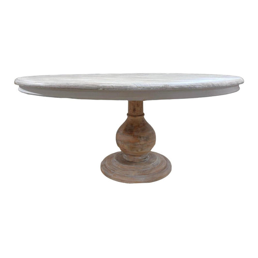 Wooden Pedestal Dining Table, Dia 60", White Washed