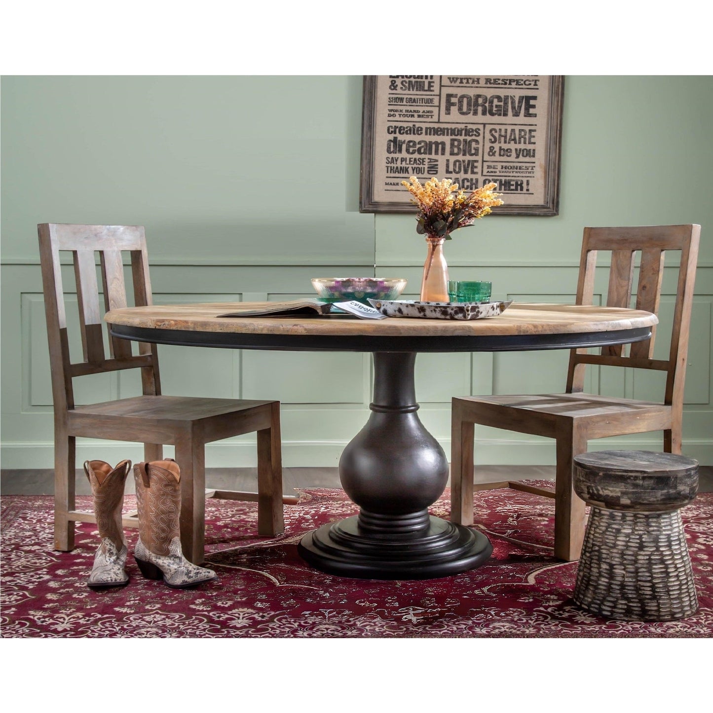 Wooden Pedestal Dining Table, Dia 60", Antique Black