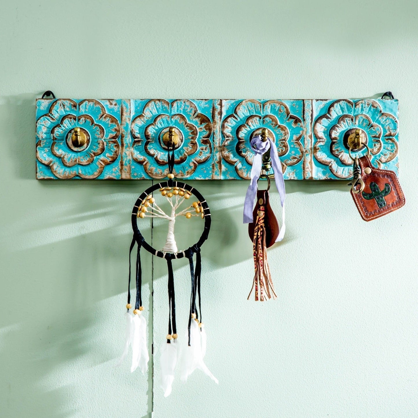 Carved Wooden 4 Hooks Rack, Rustic Turquoise