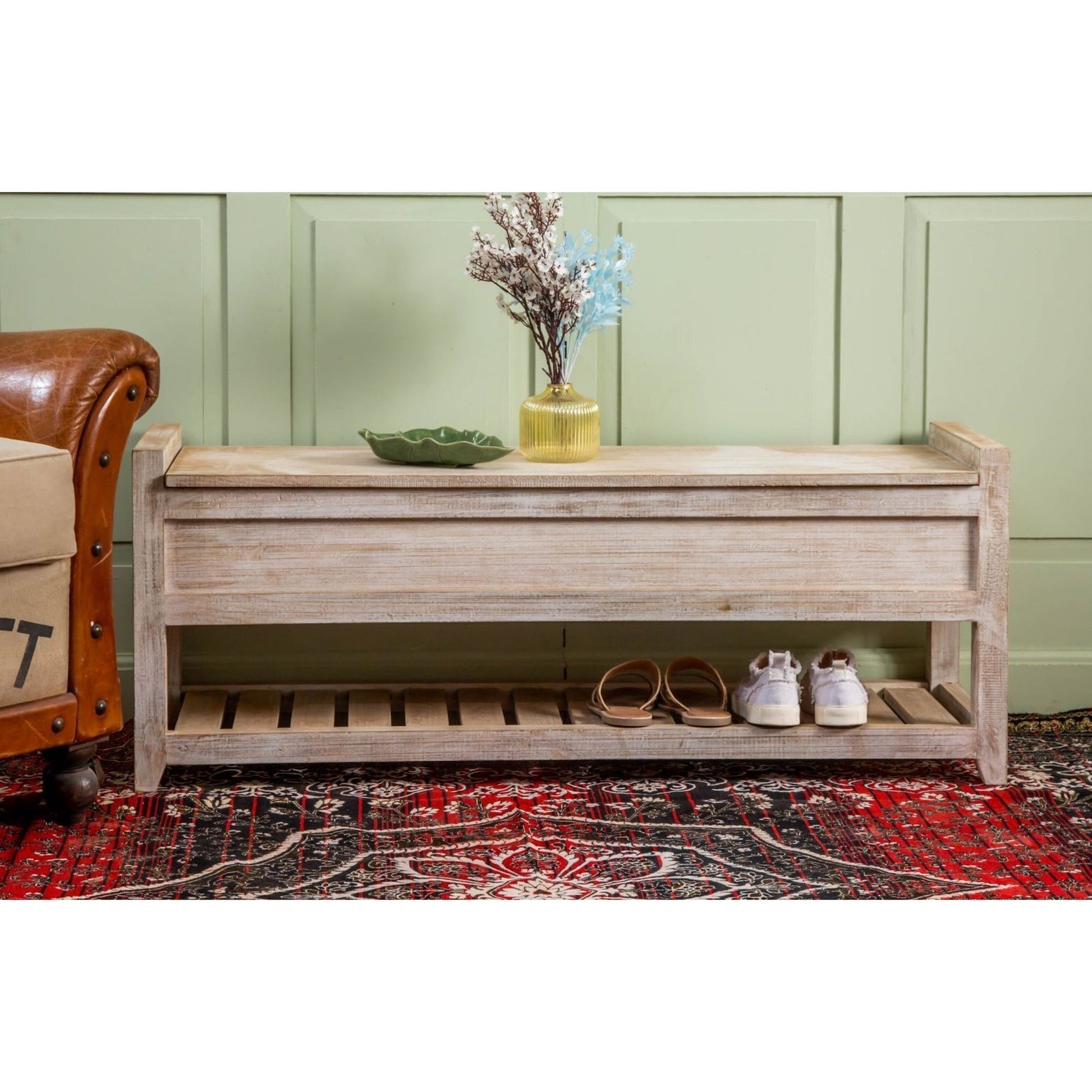 Wooden Front Door Bench, Washed White - iDekor8