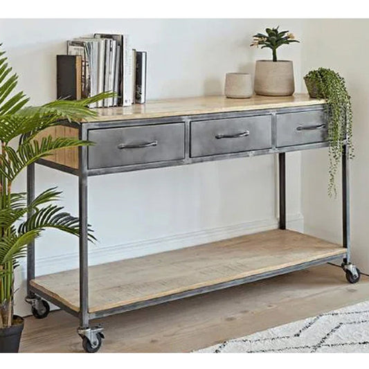 Loft 3 Drawer Console W/Wheels, Iron