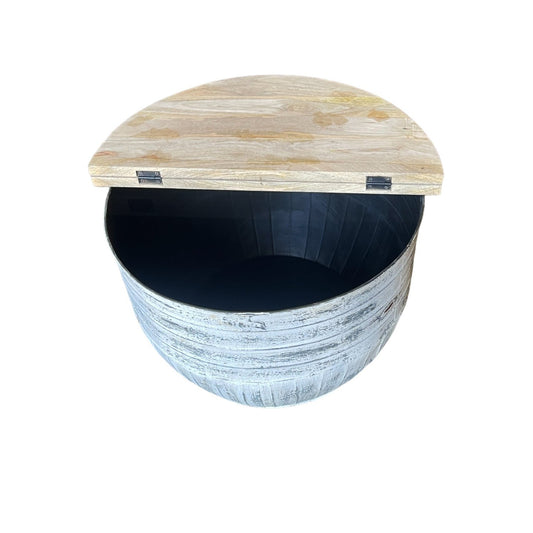 Drum Iron Coffee Table With Storage, White Washed