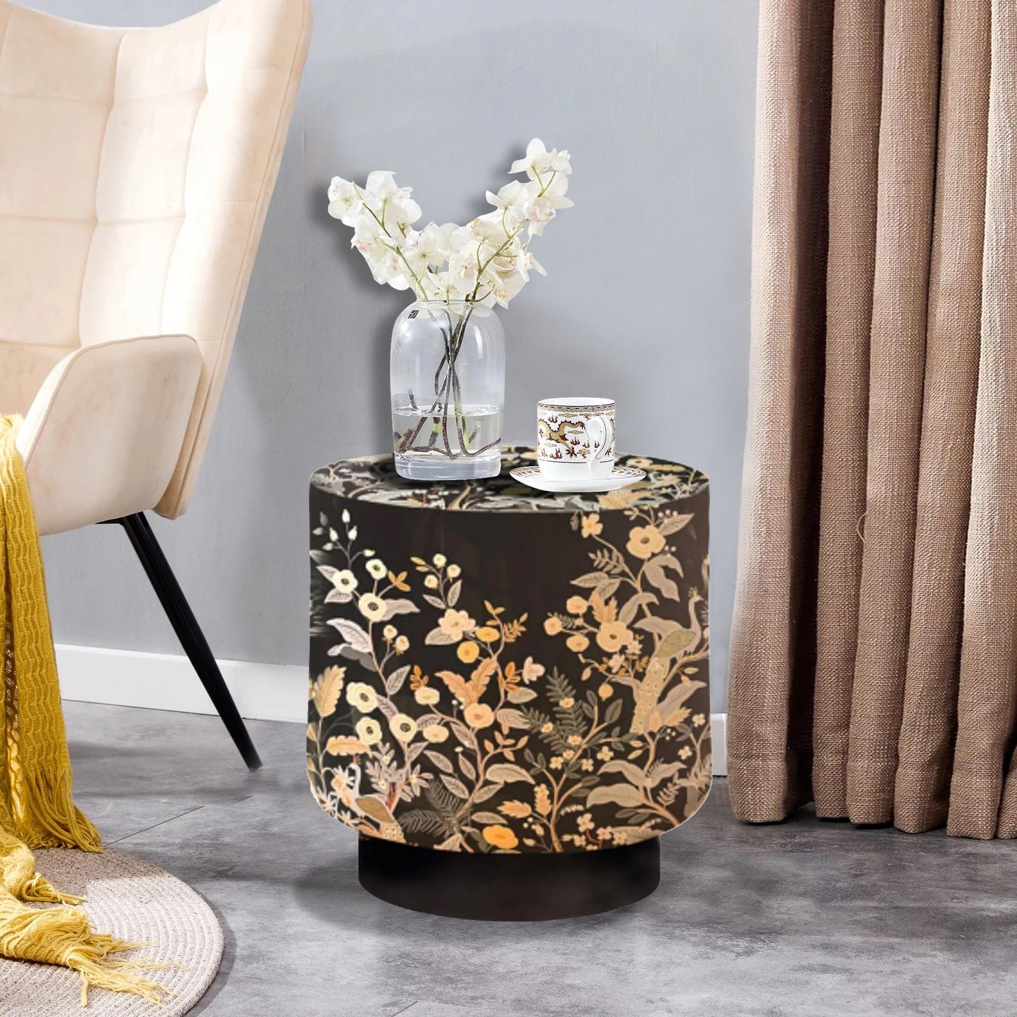 Side Table, Printed Black &  Golden Floral