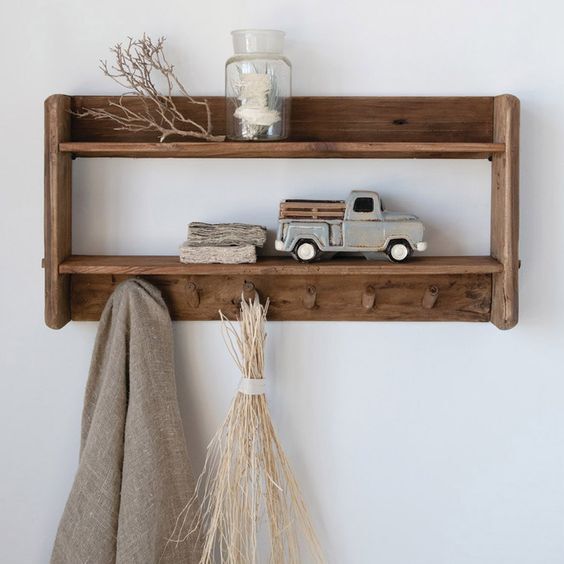 Reclaimed Wooden Hook Rack With Shelf