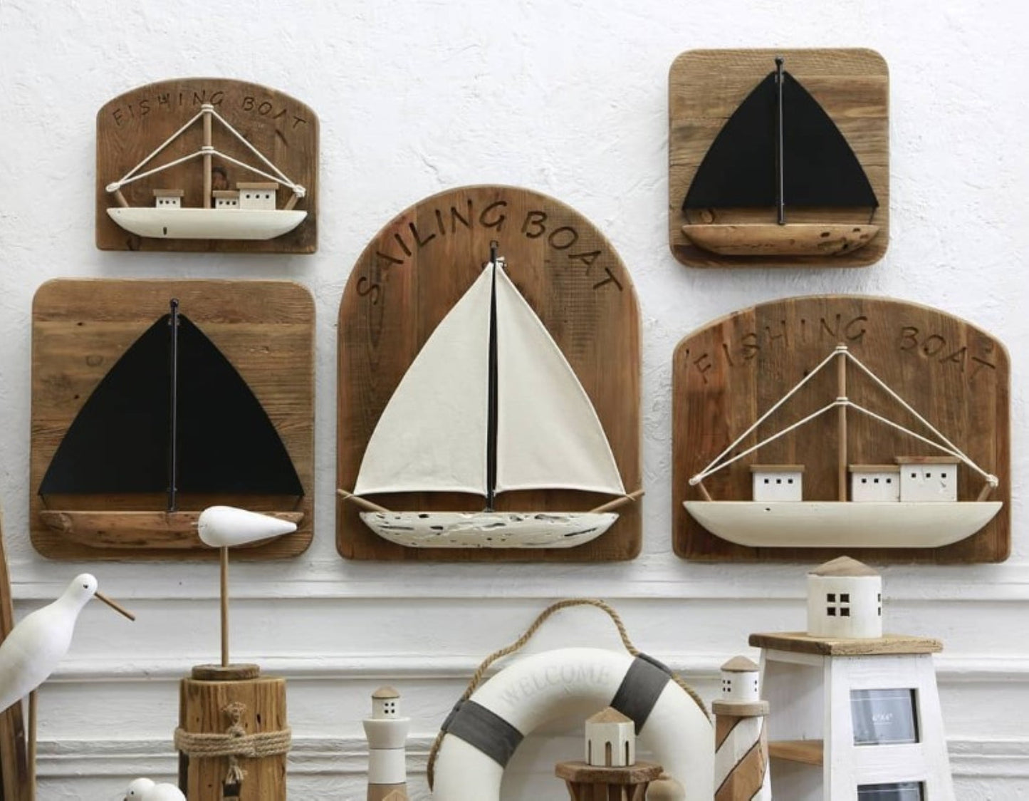 Reclaimed Wooden Sailing Boat Wall Decor, White