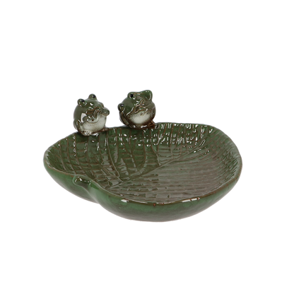 Ceramic Leaf Shaped Bird Bath With Frogs