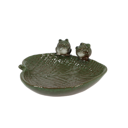 Ceramic Leaf Shaped Bird Bath With Frogs