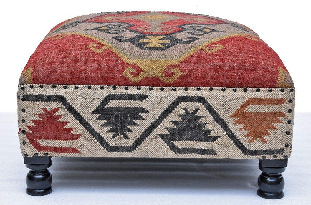 Kilim Rug Square Ottoman, Multi Color