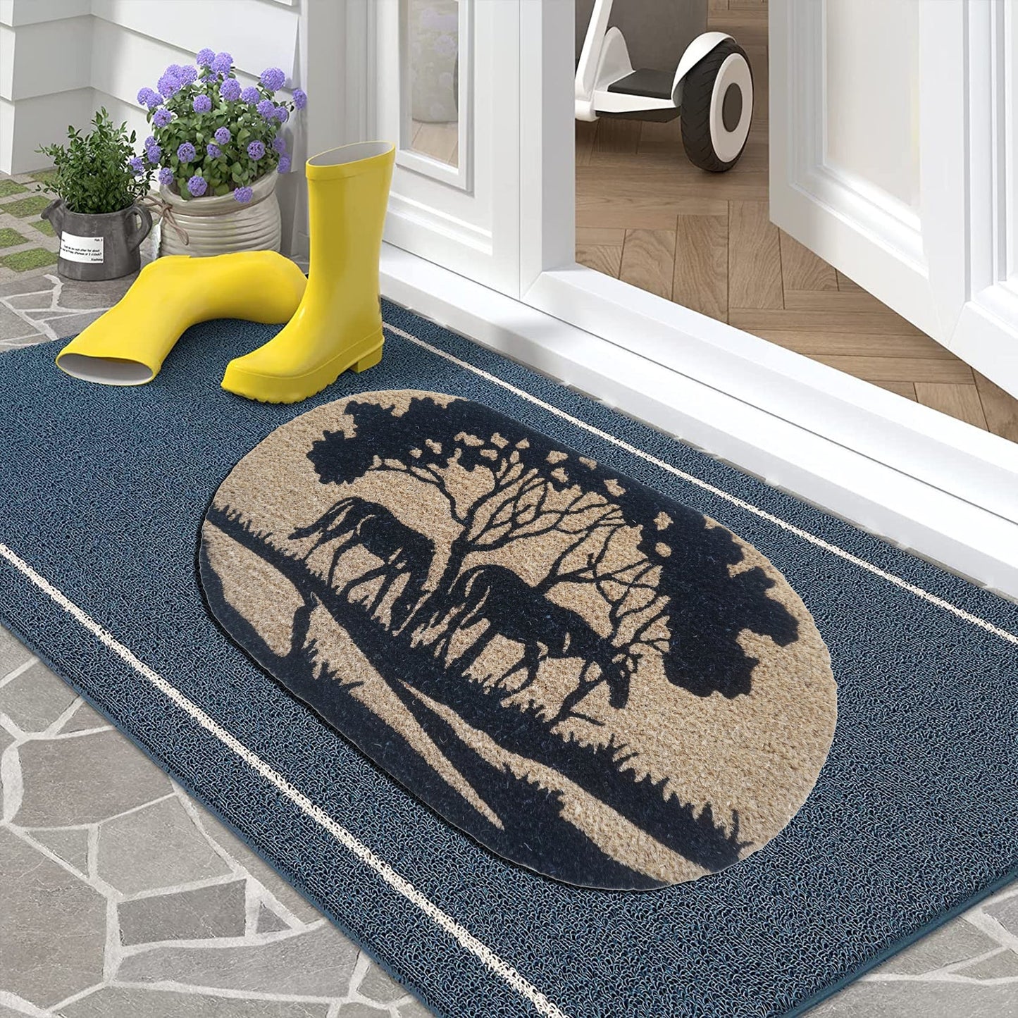 Riverside Horse Round Coir Doormat, Natural, PVC Tufted