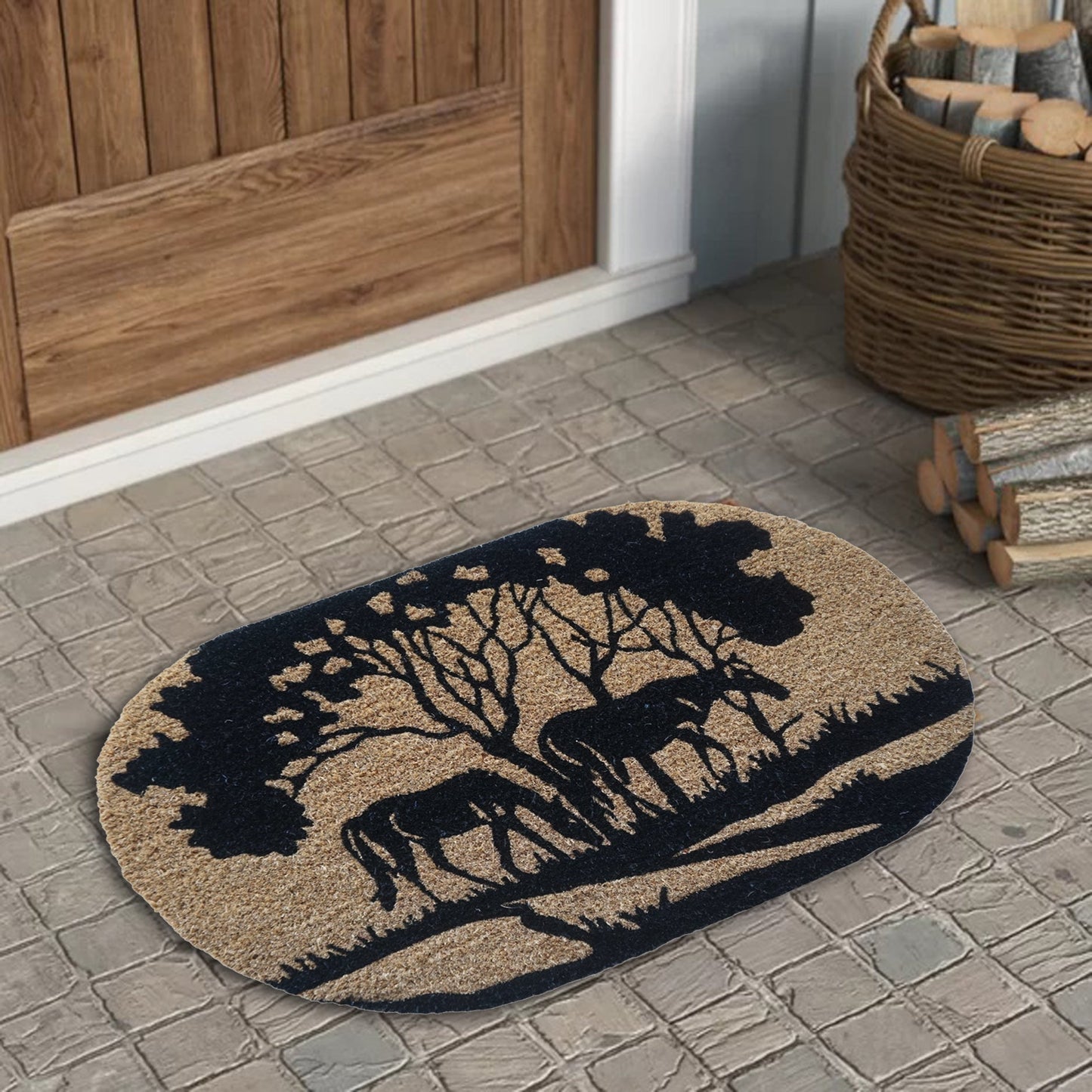 Riverside Horse Round Coir Doormat, Natural, PVC Tufted