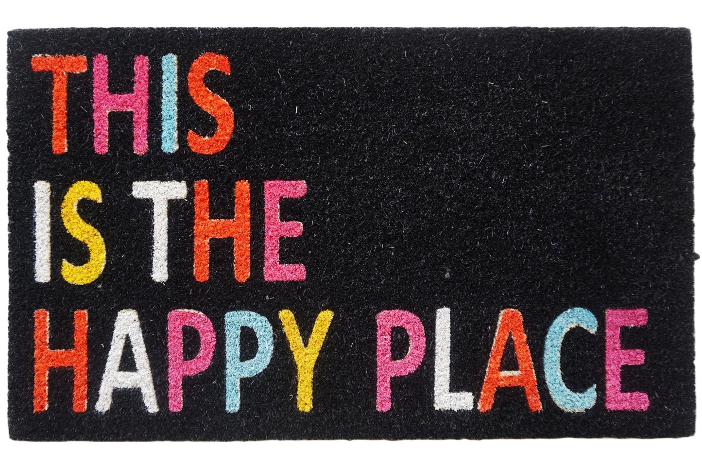 Coir Doormat "This Is The Happy Place", Black, PVC Bleached