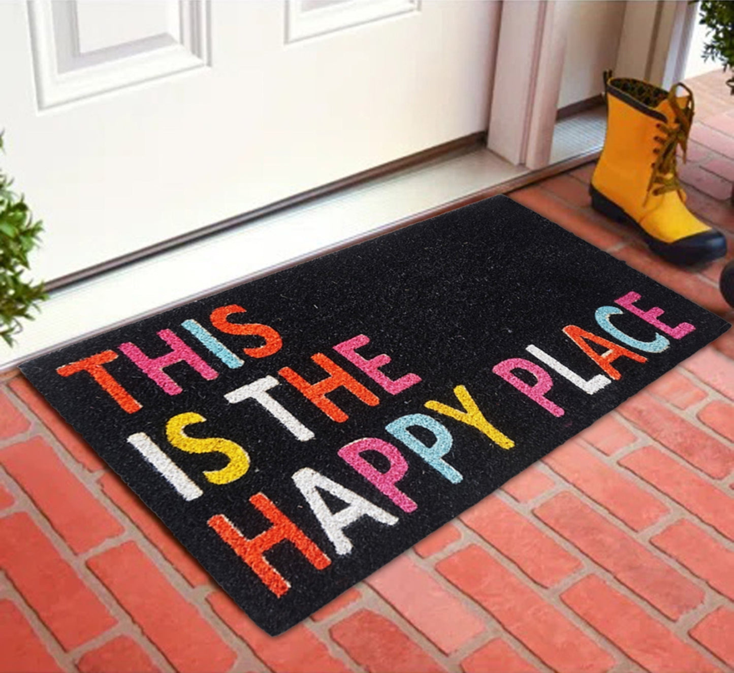 Coir Doormat "This Is The Happy Place", Black, PVC Bleached