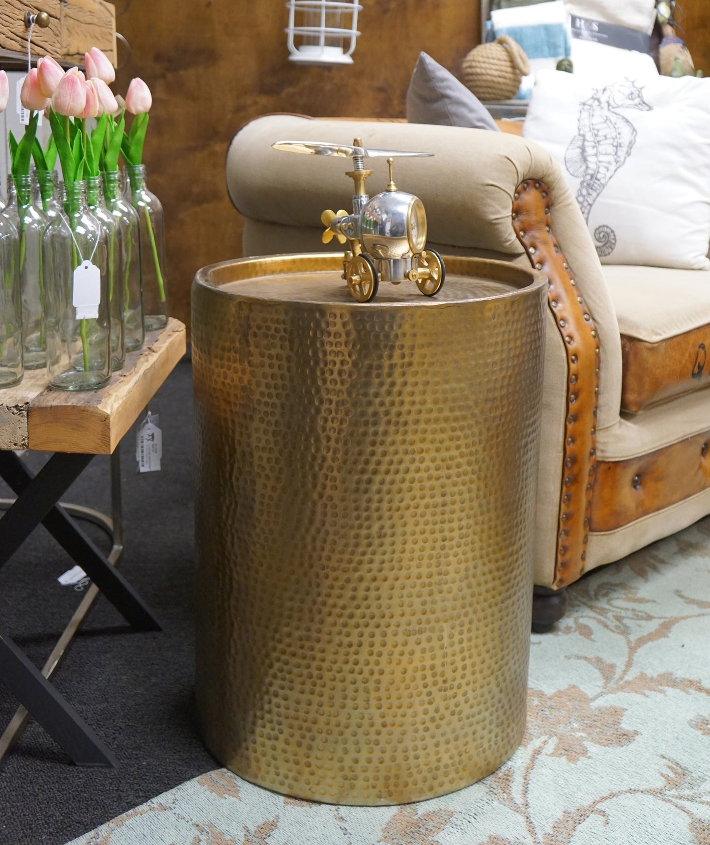 Sigurd Hammered Drum End Table, Large, Antique Bra