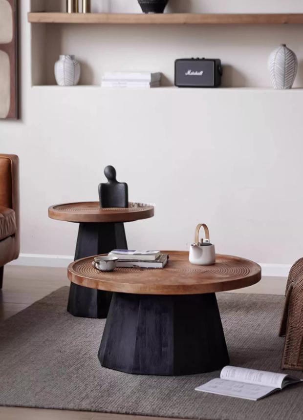 Old Pine Side Table, Black Hexagonal Tapered Base