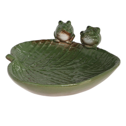 Ceramic Leaf Shaped Bird Bath With Frogs