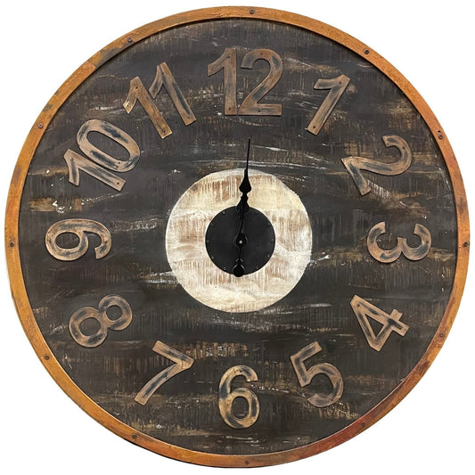 3 ft Round Wooden Distressed Clock, Small, Antqiue Black