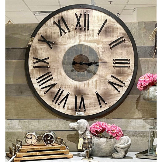 Round Wooden Distressed Clock 36", Roman #, Antique Brown