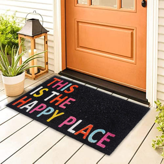 Coir Doormat "This Is The Happy Place", Black, PVC Bleached