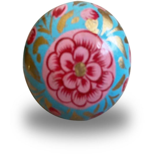 Ceramic Floral Furniture Knob, Teak & Pink