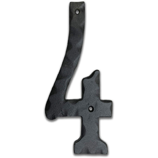 Matte Black Hammer Tone Cast Iron House Number, 6 inch, #4