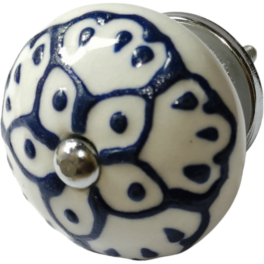 Ceramic Round Blue Knob, Blue / White