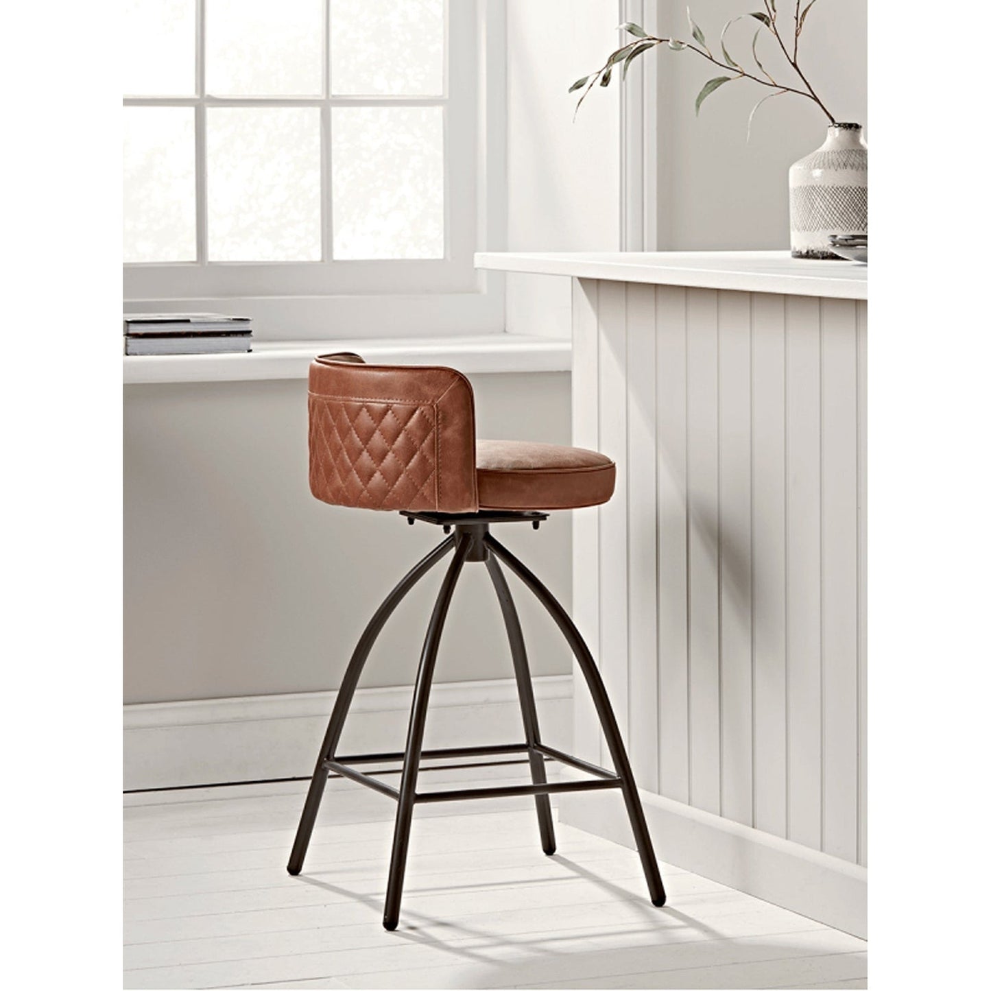 Carl Tufted Half Back Bar Stool, Leather, Iron