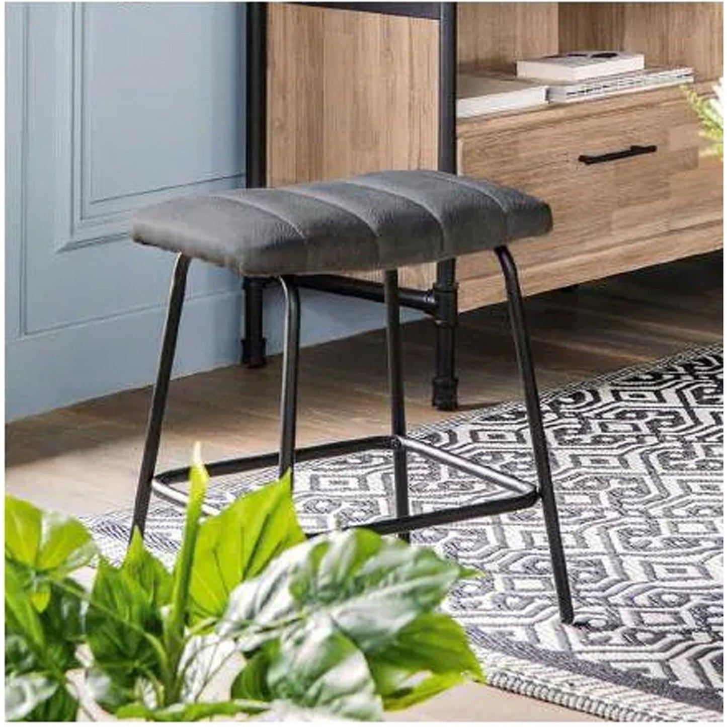 Chester Tufted Stool, Leather, Black/Grey, 50% Off
