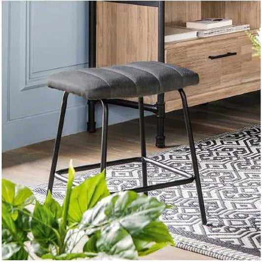 Chester Tufted Stool, Leather, Black/Grey, 50% Off