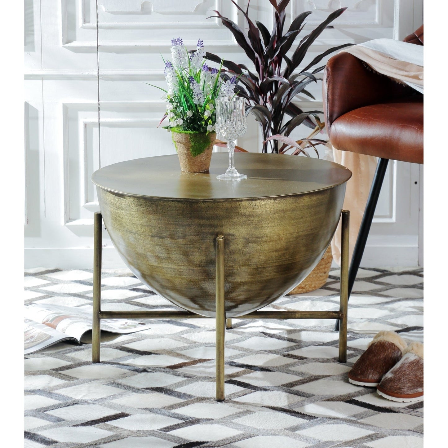 Coffee Table With Metal Legs, Antique Brass Finish