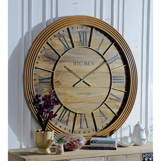 Oversize 38 Inch Wooden Roman Numeral Clock, Natural Finish