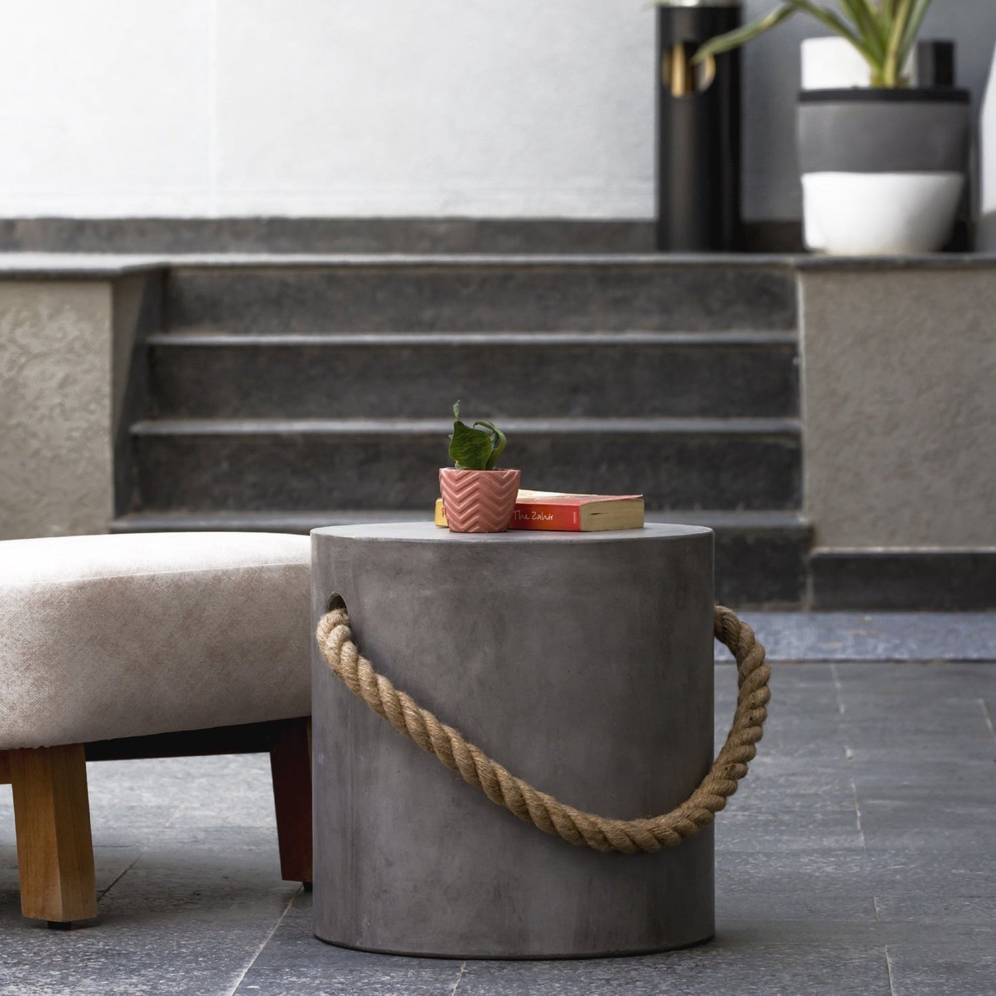 Concrete Accent Stool With Rope Handle, Round