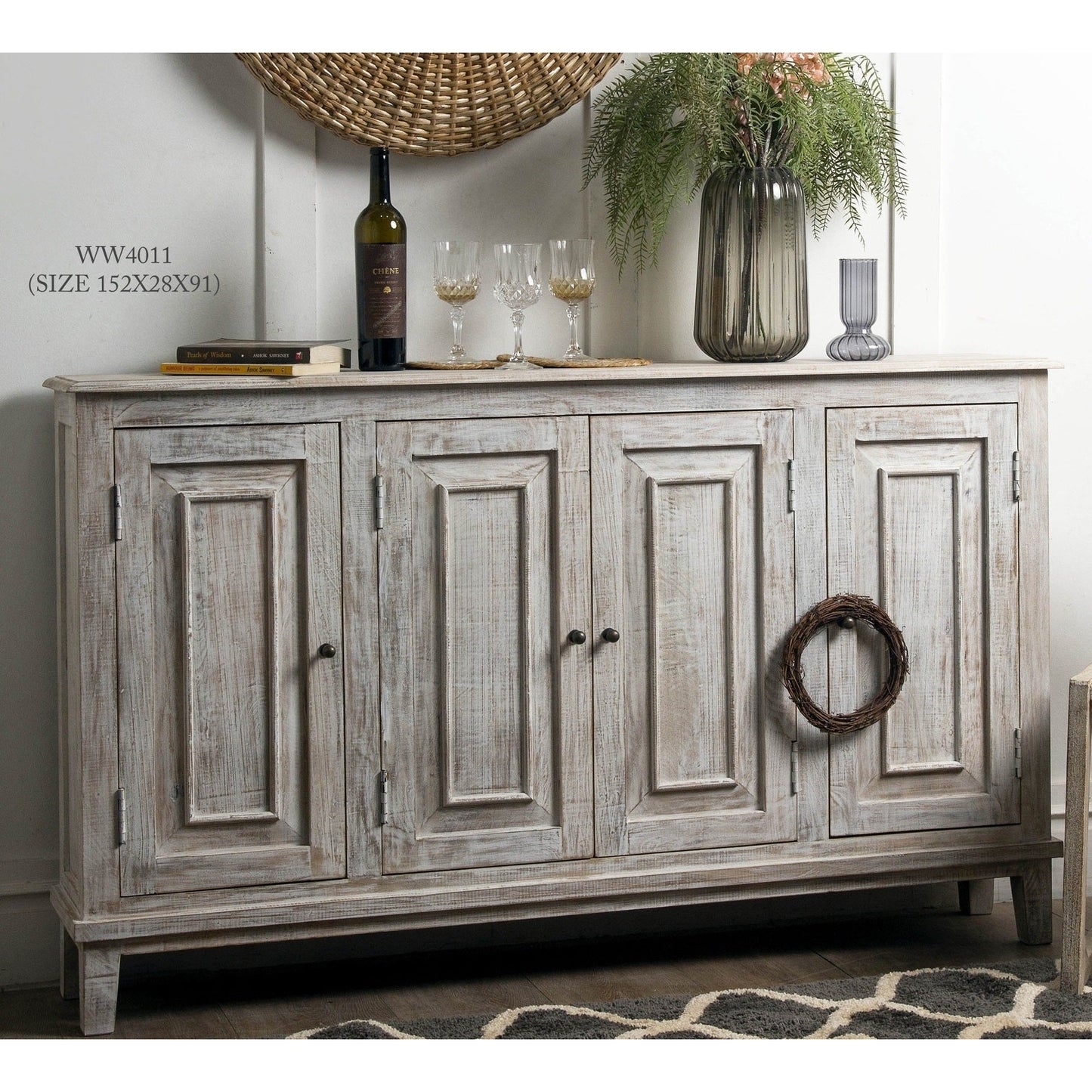 Wooden 4 Door Sideboard, Washed White - iDekor8