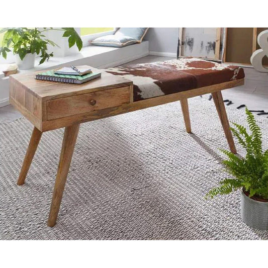 Billy Half Bench Table With Drawer, Leather