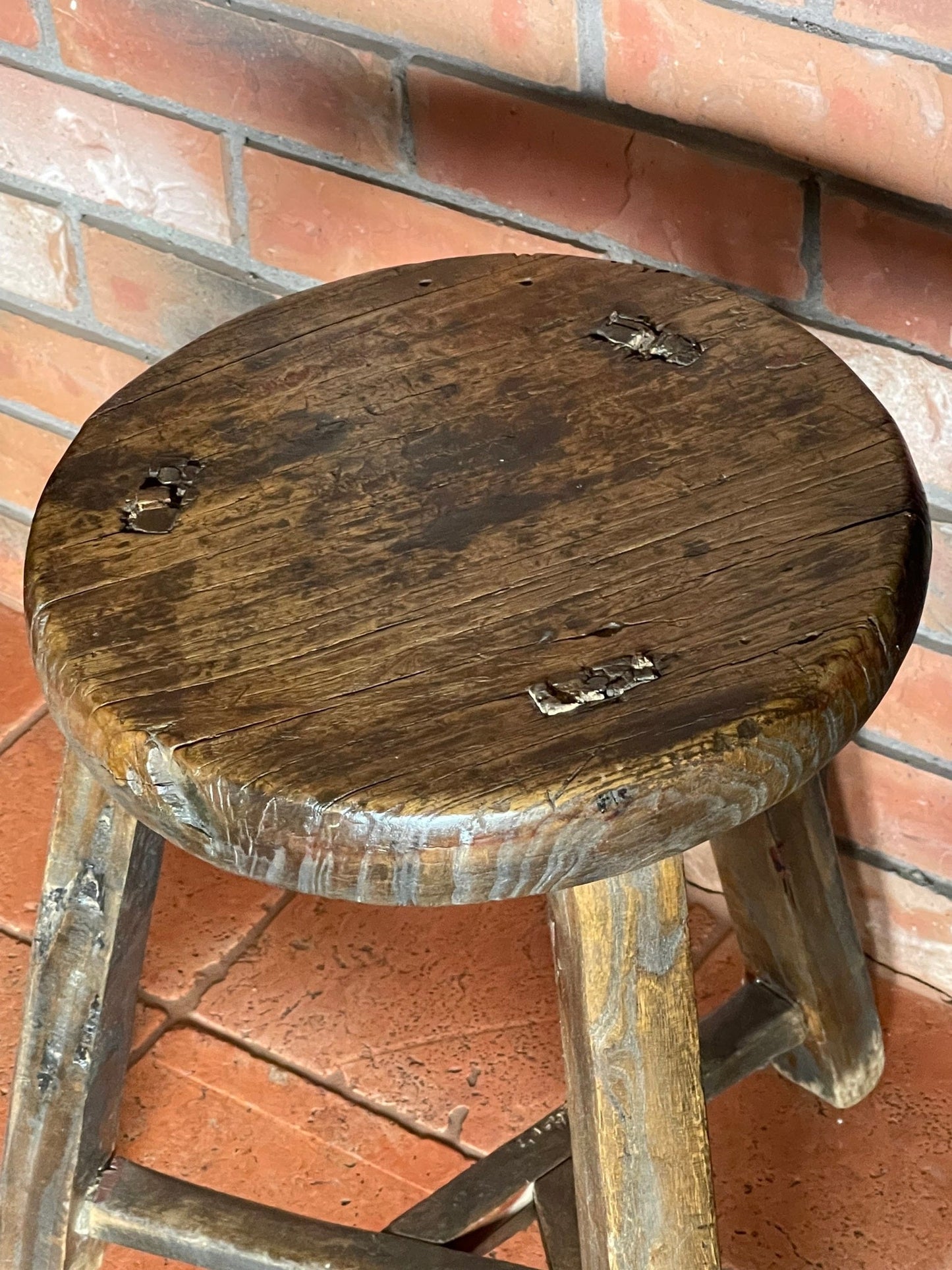 Old Wooden Round Stool, Elm Wood, 15% Off