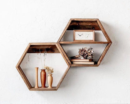 Reclaimed Wooden Hexagon Shelf With Divider