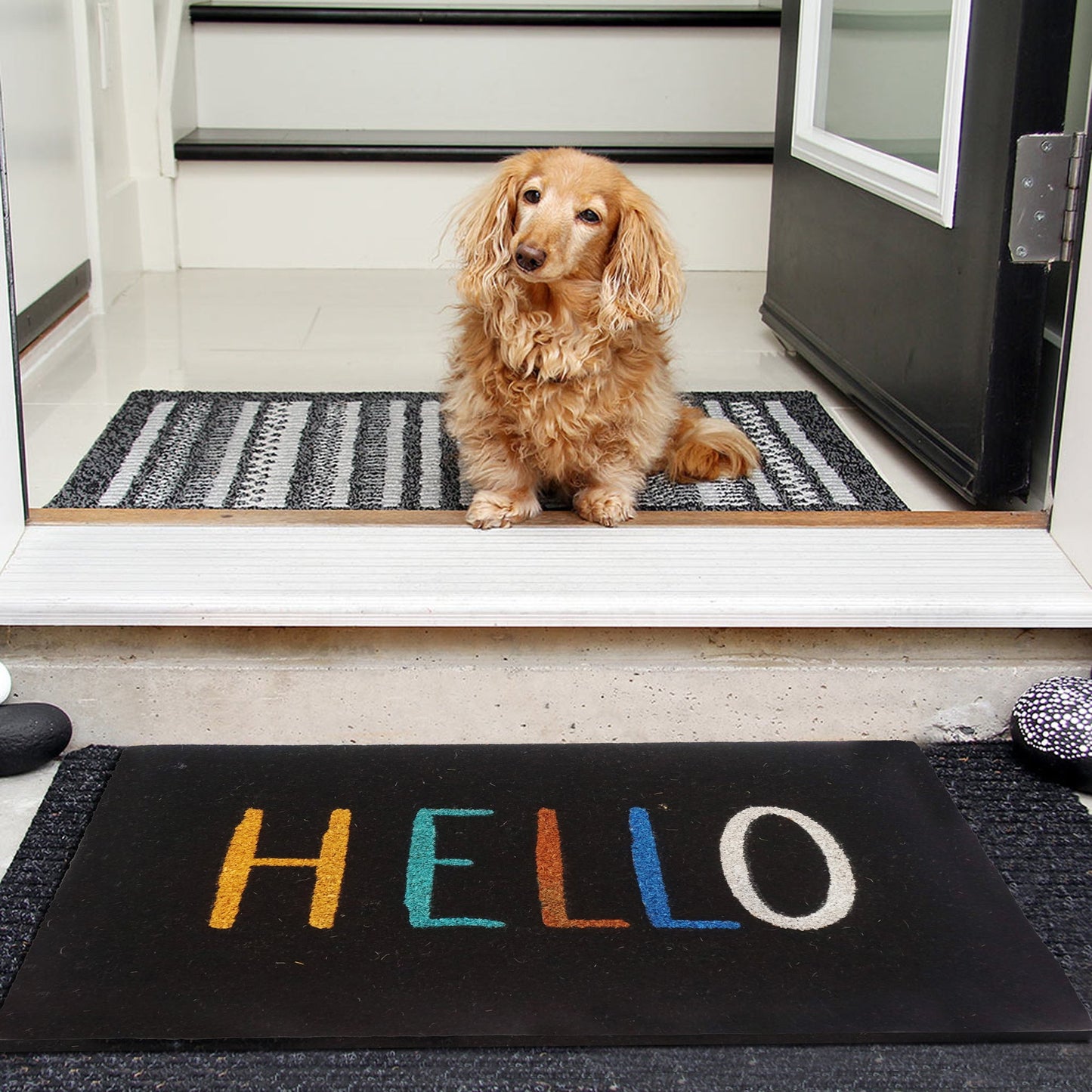 Coir Doormat "Hello", Black, PVC Tufted